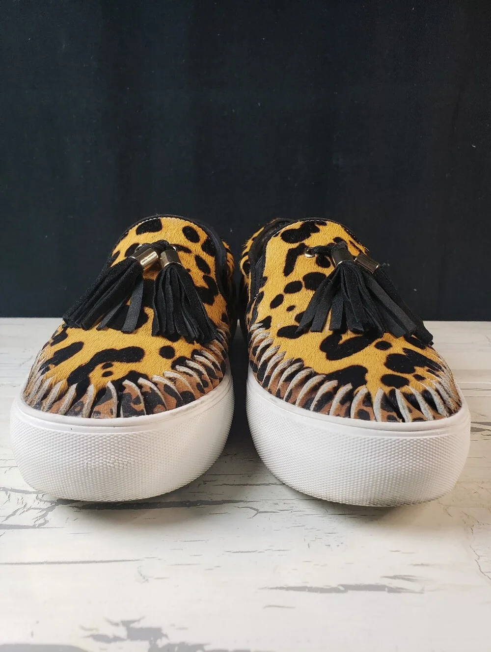 J/Slides NYC Aztec Leopard Print Calf Hair Slip-On Platform Sneakers - size 7.5